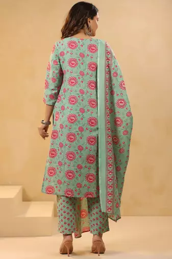 Floral Printed Mirror Work Straight Kurta With Trousers & Dupatta