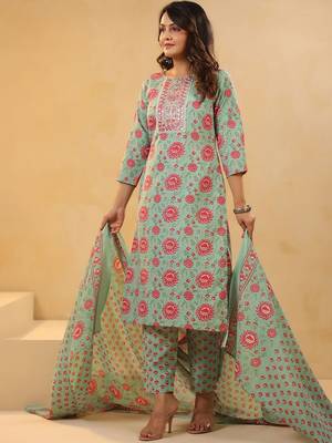 Floral Printed Mirror Work Straight Kurta With Trousers & Dupatta 6