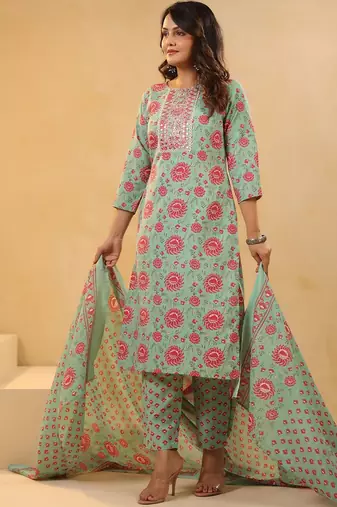 Floral Printed Mirror Work Straight Kurta With Trousers & Dupatta