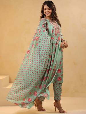 Floral Printed Mirror Work Straight Kurta With Trousers & Dupatta 7