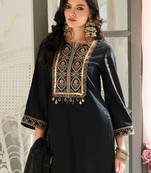 Floral Yoke Design Panelled Sequinned A-Line Kurta With Trousers & Dupatta