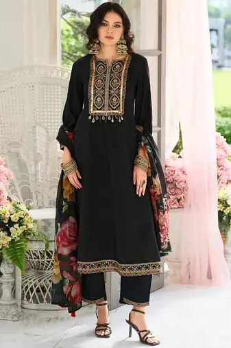Floral Yoke Design Panelled Sequinned A-Line Kurta With Trousers & Dupatta