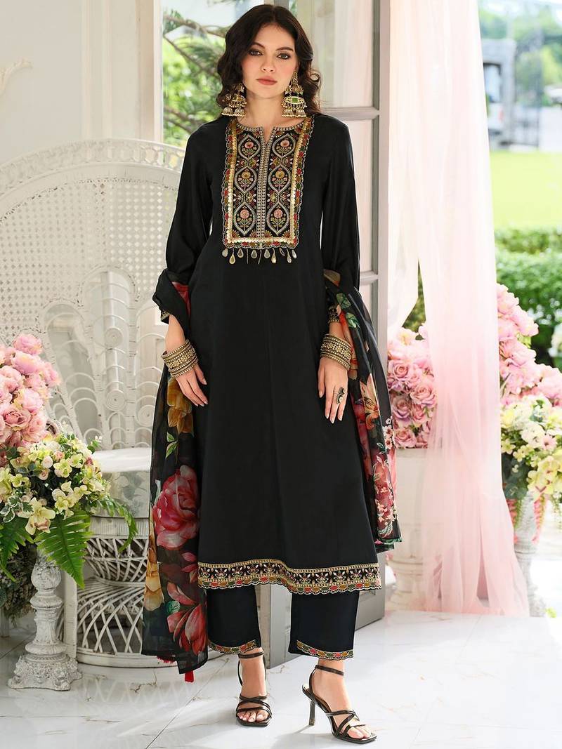 Floral Yoke Design Panelled Sequinned A-Line Kurta With Trousers & Dupatta