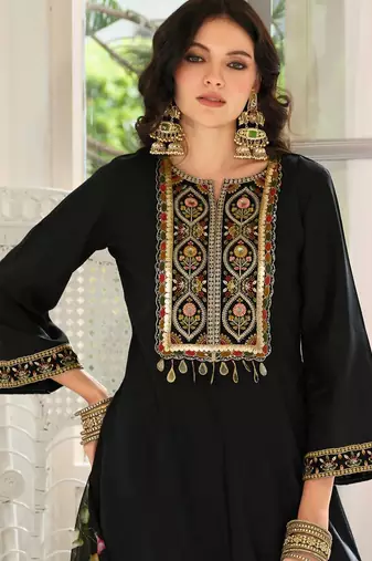 Floral Yoke Design Panelled Sequinned A-Line Kurta With Trousers & Dupatta