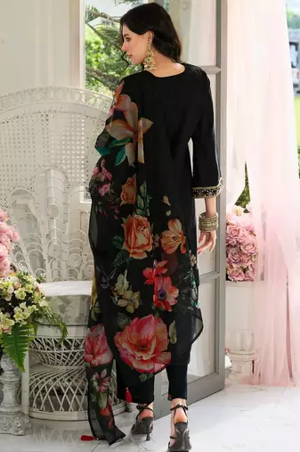 Floral Yoke Design Panelled Sequinned A-Line Kurta With Trousers & Dupatta