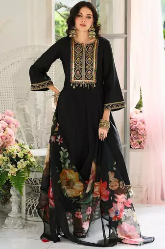 Floral Yoke Design Panelled Sequinned A-Line Kurta With Trousers & Dupatta