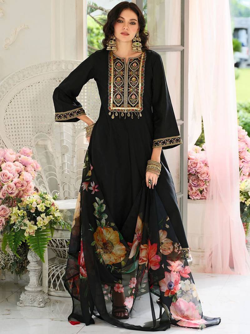 Floral Yoke Design Panelled Sequinned A-Line Kurta With Trousers & Dupatta