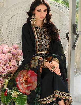 Floral Yoke Design Panelled Sequinned A-Line Kurta With Trousers & Dupatta 6