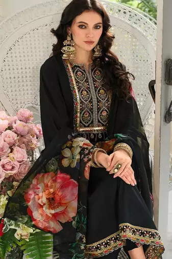 Floral Yoke Design Panelled Sequinned A-Line Kurta With Trousers & Dupatta