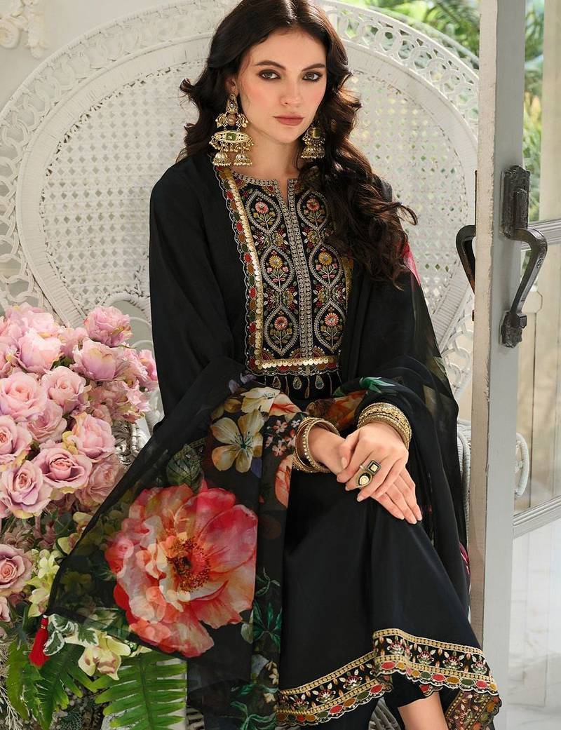 Floral Yoke Design Panelled Sequinned A-Line Kurta With Trousers & Dupatta