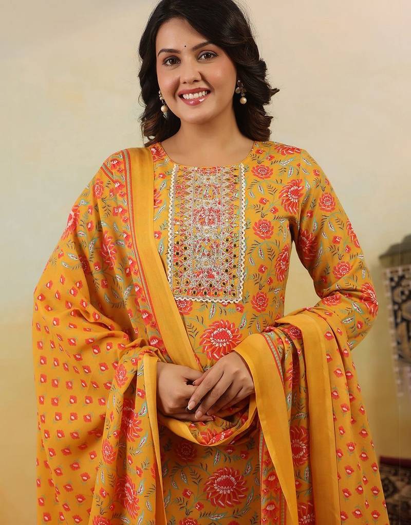 Floral Embroidered Regular Kurta With Trousers & Dupatta
