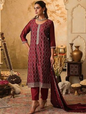 Floral Embroidered Round Neck Zari Straight Kurta & Trousers With Dupatta 4