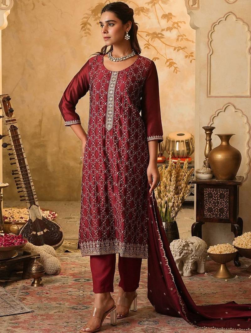 Floral Embroidered Round Neck Zari Straight Kurta & Trousers With Dupatta
