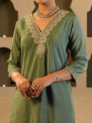 Women Woven Design Embroidered Kurta with Trousers 3