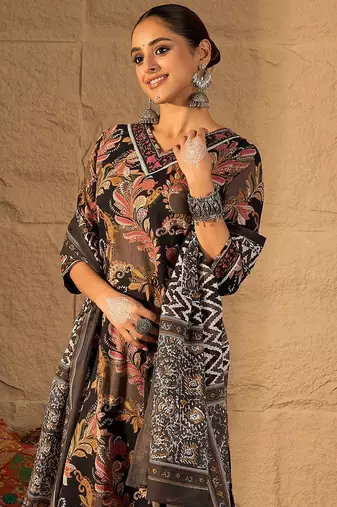 Women Floral Embroidered Pure Cotton Kurta with Trouser & Dupatta