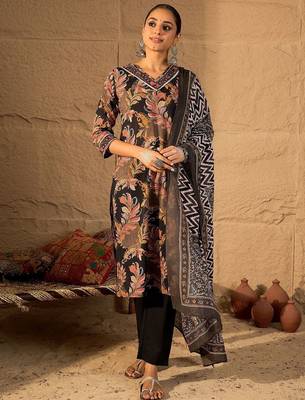 Women Floral Embroidered Pure Cotton Kurta with Trouser & Dupatta 2