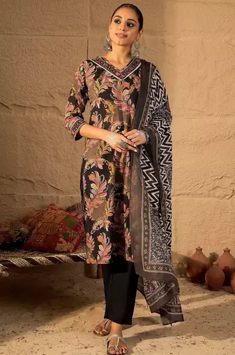 Women Floral Embroidered Pure Cotton Kurta with Trouser & Dupatta