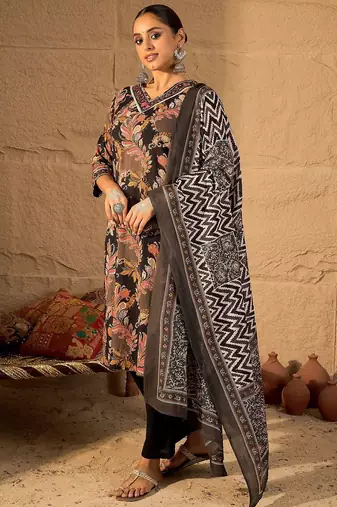 Women Floral Embroidered Pure Cotton Kurta with Trouser & Dupatta