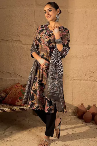 Women Floral Embroidered Pure Cotton Kurta with Trouser & Dupatta