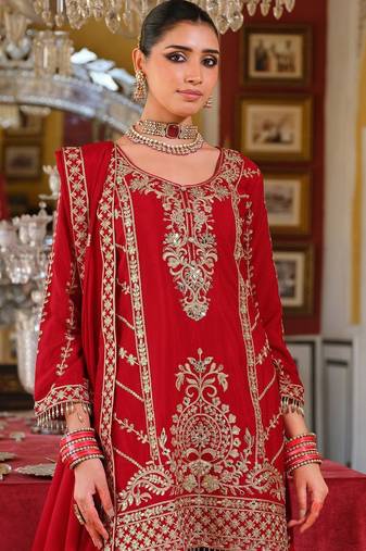 Adults-Women Woven Design Embroidered Kurta with Palazzos & Dupatta