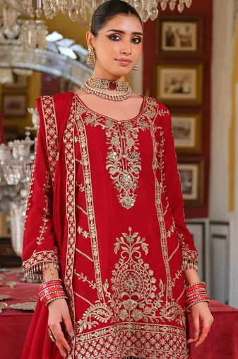 Adults-Women Woven Design Embroidered Kurta with Palazzos & Dupatta