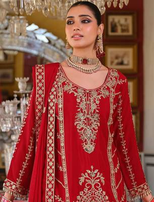 Adults-Women Woven Design Embroidered Kurta with Palazzos & Dupatta 3