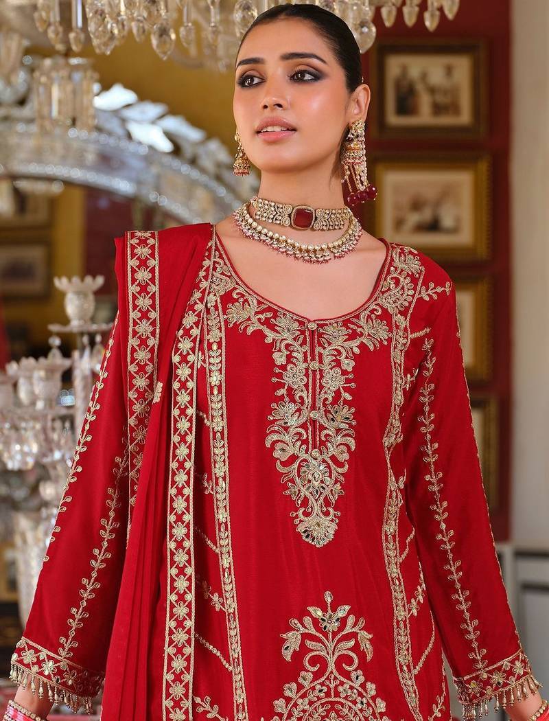 Adults-Women Woven Design Embroidered Kurta with Palazzos & Dupatta