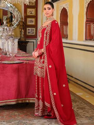 Adults-Women Woven Design Embroidered Kurta with Palazzos & Dupatta 4