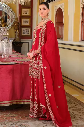 Adults-Women Woven Design Embroidered Kurta with Palazzos & Dupatta