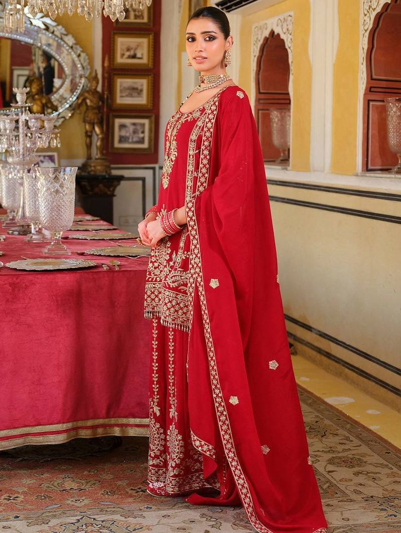Adults-Women Woven Design Embroidered Kurta with Palazzos & Dupatta