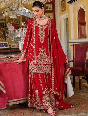 Adults-Women Woven Design Embroidered Kurta with Palazzos & Dupatta 6