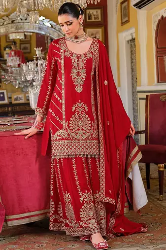Adults-Women Woven Design Embroidered Kurta with Palazzos & Dupatta