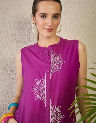 Adults-Women Woven Design Embroidered Cotton A-Line Kurta with Palazzos 1