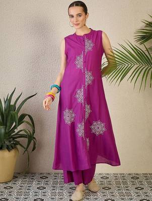 Adults-Women Woven Design Embroidered Cotton A-Line Kurta with Palazzos 2