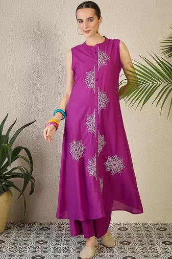 Adults-Women Woven Design Embroidered Cotton A-Line Kurta with Palazzos