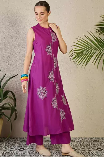 Adults-Women Woven Design Embroidered Cotton A-Line Kurta with Palazzos