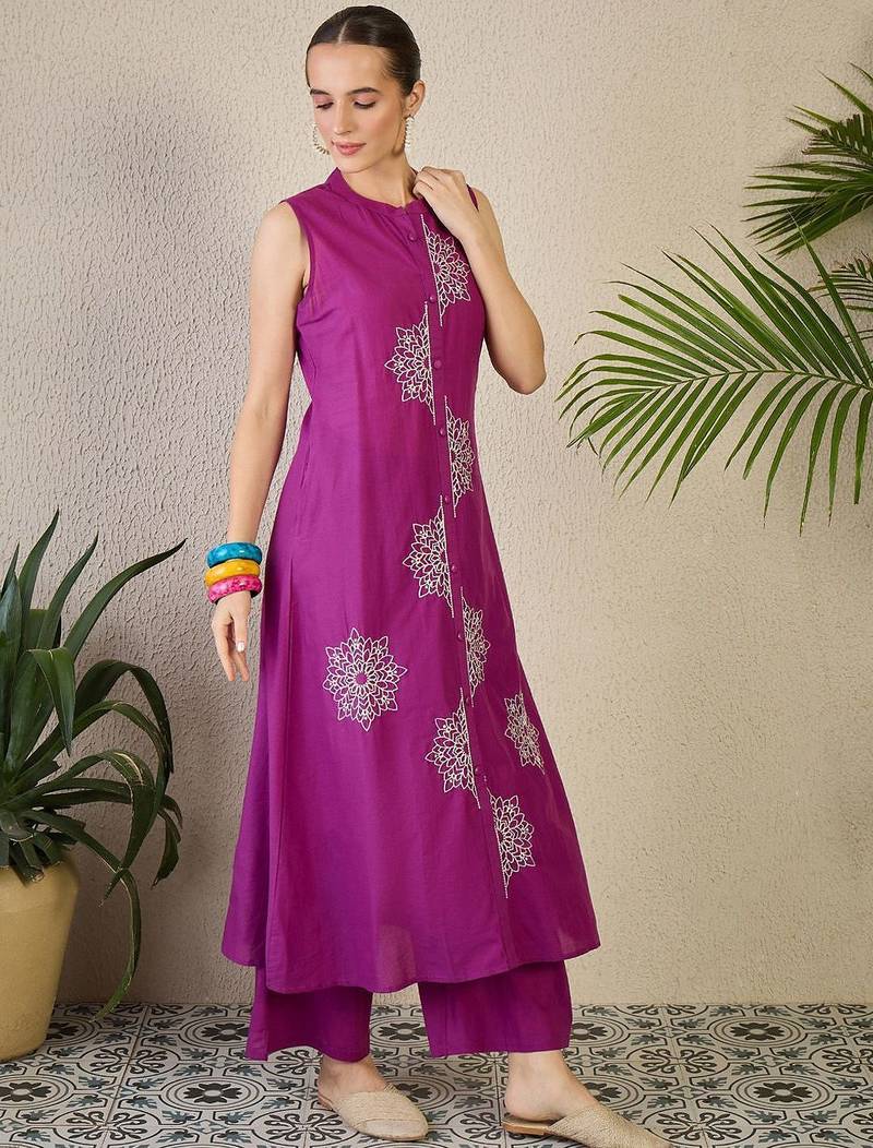 Adults-Women Woven Design Embroidered Cotton A-Line Kurta with Palazzos