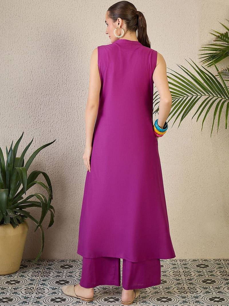 Adults-Women Woven Design Embroidered Cotton A-Line Kurta with Palazzos