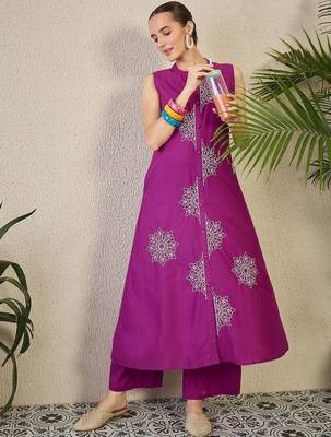 Adults-Women Woven Design Embroidered Cotton A-Line Kurta with Palazzos 6