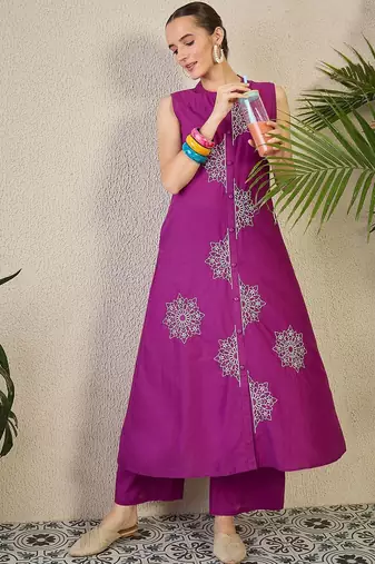 Adults-Women Woven Design Embroidered Cotton A-Line Kurta with Palazzos