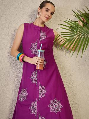 Adults-Women Woven Design Embroidered Cotton A-Line Kurta with Palazzos 7