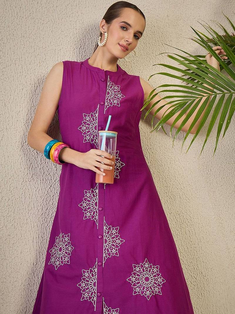 Adults-Women Woven Design Embroidered Cotton A-Line Kurta with Palazzos