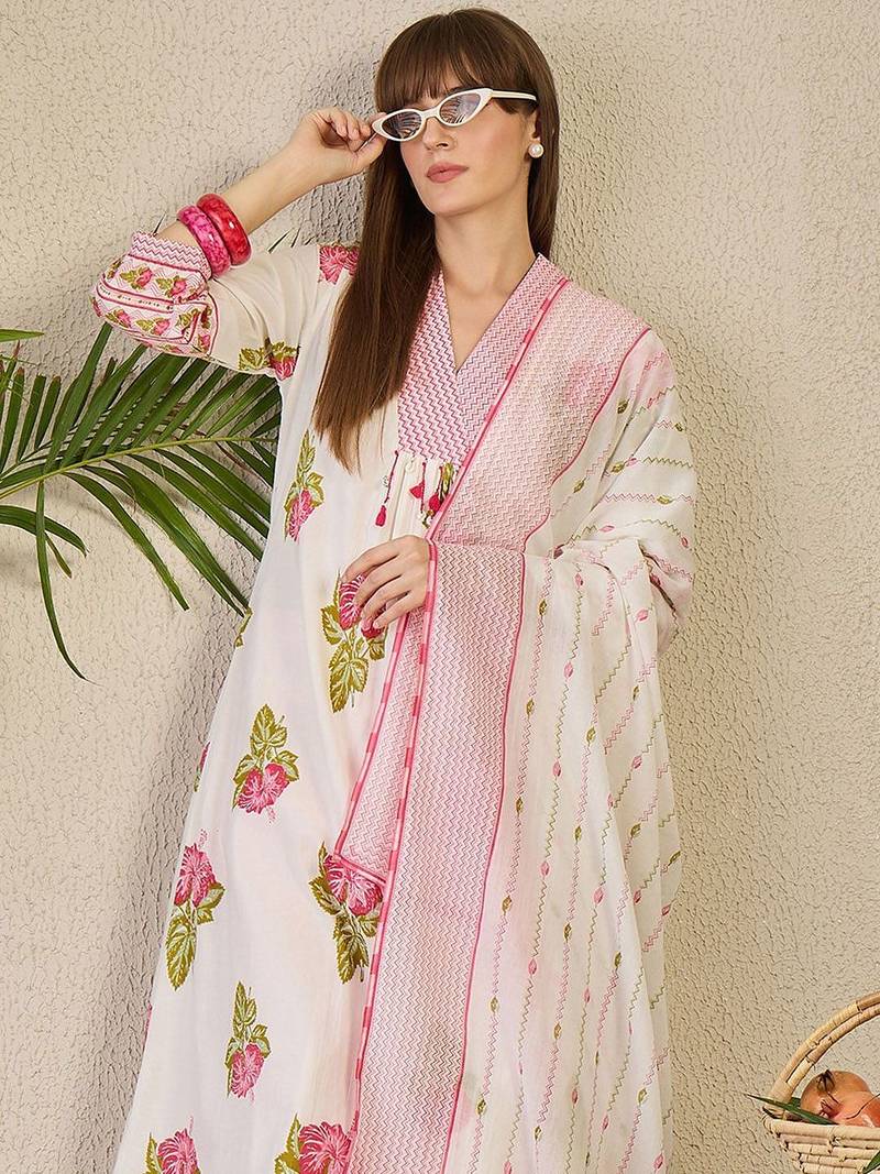 Floral Printed Pure Cotton Kurta with Trousers & Dupatta