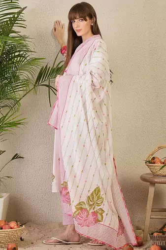 Floral Printed Pure Cotton Kurta with Trousers & Dupatta