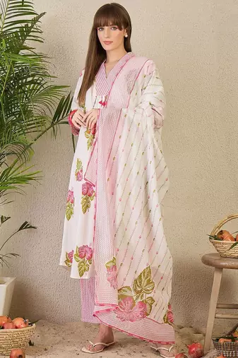 Floral Printed Pure Cotton Kurta with Trousers & Dupatta