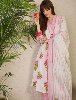 Floral Printed Pure Cotton Kurta with Trousers & Dupatta 7