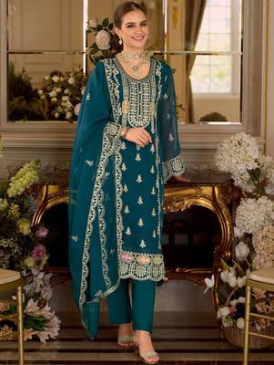 Adults-Women Woven Design Embroidered Kurta with Trousers & Dupatta 2