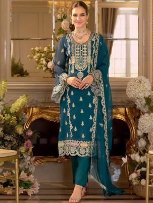 Adults-Women Woven Design Embroidered Kurta with Trousers & Dupatta 6
