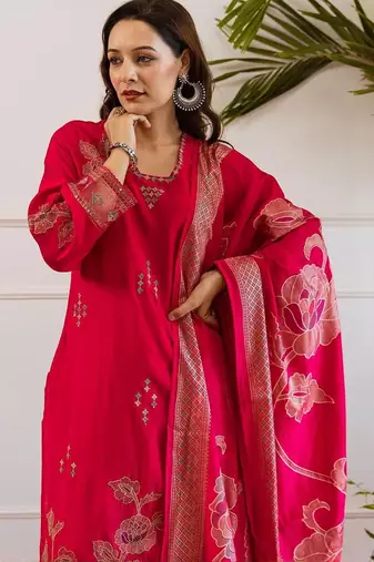 Women Floral Embroidered Kurta with Sharara & Dupatta