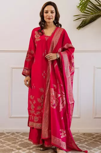 Women Floral Embroidered Kurta with Sharara & Dupatta